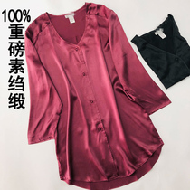 Silk shirt women long sleeve collarless pajamas wind long satin mulberry silk top plain crepe satin silk shirt