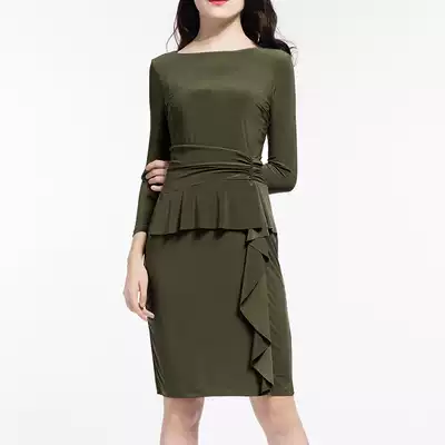 Foreign trade large size temperament knitting new women's seven-point sleeve spring round neck fake two-piece thin hip solid color dress