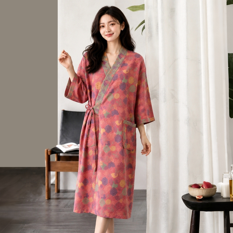 Pure Cotton Double-Layer Cotton Gauze Jacquard Nightgown for Women, Summer Lace-Up Mid-Length Bathrobe, Couple Style, Thin, Absorbent, Home Wear Pure Cotton Double-Layer Cotton Gauze Jacquard Nightgown for Women, Summer Lace-Up Mid-Length Bathrobe, Couple Style, Thin, Absorbent, Home Wear