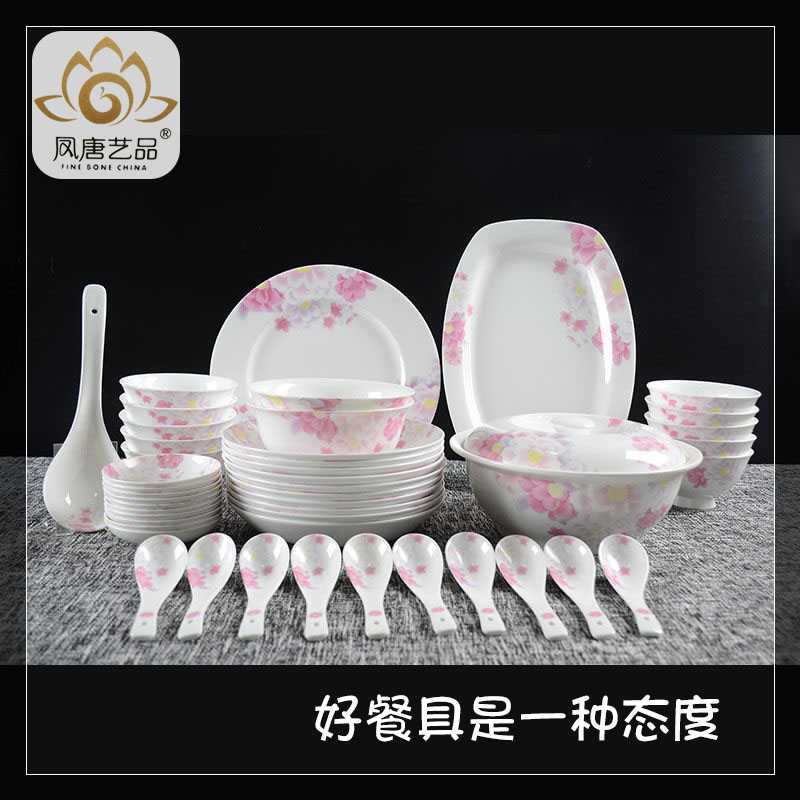 Waterfront Floral Bone Porcelain Cutlery Cutlery Sets Hotel Composition 56 Head Ceramic Rice Bowls Dish Spoon Ultra Low Price Recommendation