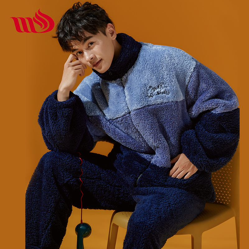 Coral velvet men's pajamas autumn and winter thick warm winter plush large size home suit suit can be worn outside men