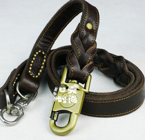 Genuine leather dog traction rope dog ring neck ring true gold wool Tibetan mastiff maschic large dog chain walking dog rope one drag