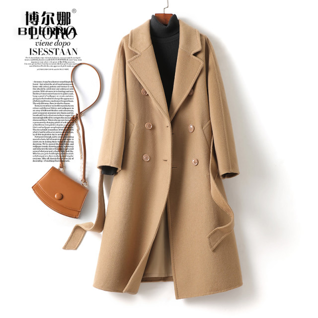 羊毛大衣女士中长款系带双排扣驼色双面呢秋冬新款高级感毛呢外套