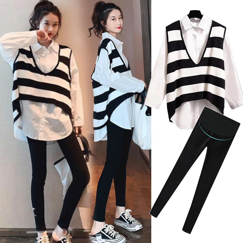 Pregnant women spring suit net red fashion style going out loose sweater spring and autumn two-piece set autumn and winter pregnant woman dress