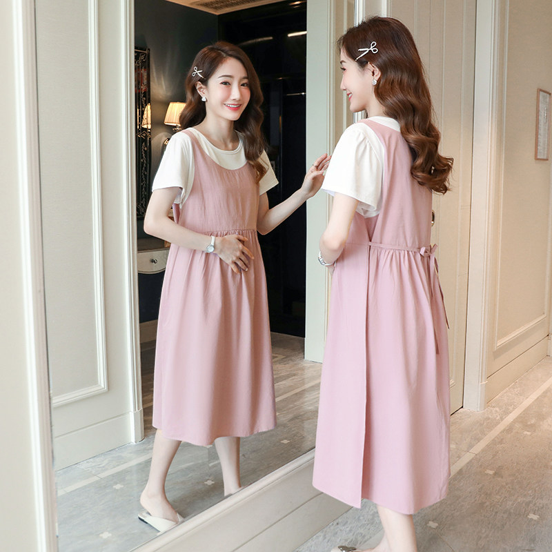 Pregnancy Woman Dress Summer Dress Blouse Omer Fashion style Spliced Over Knee Loose Pure Cotton Pregnant Woman Foreign Dress Summer Lactation Dress