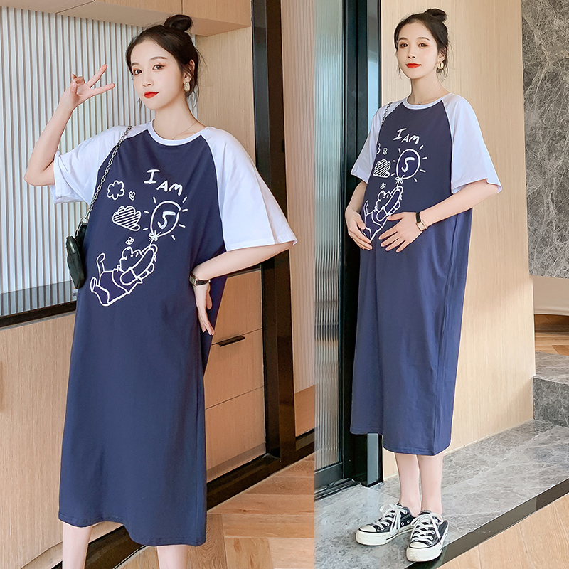 Pregnancy Woman Loaded With Summer Clothing Wave 2022 Xia Fashion Over Knee Slimy Age Loose Pregnant Woman T-Shirt Skirt Summer Pregnant Woman Foreign Dress