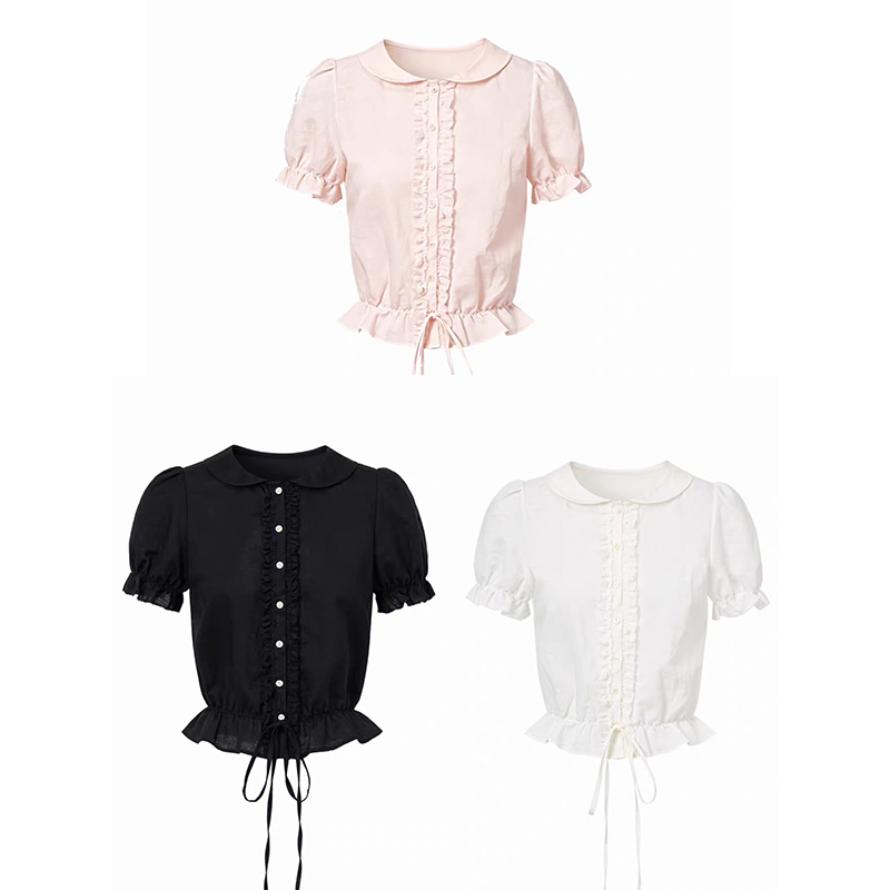 Cupid's "Korean Jasmine Flavor" Linen Cotton Girl's Shirt with Doll Collar, Puff Sleeves, and Waist-Cinching Short Top Cupid's "Korean Jasmine Flavor" Linen Cotton Girl's Shirt with Doll Collar, Puff Sleeves, and Waist-Cinching Short Top