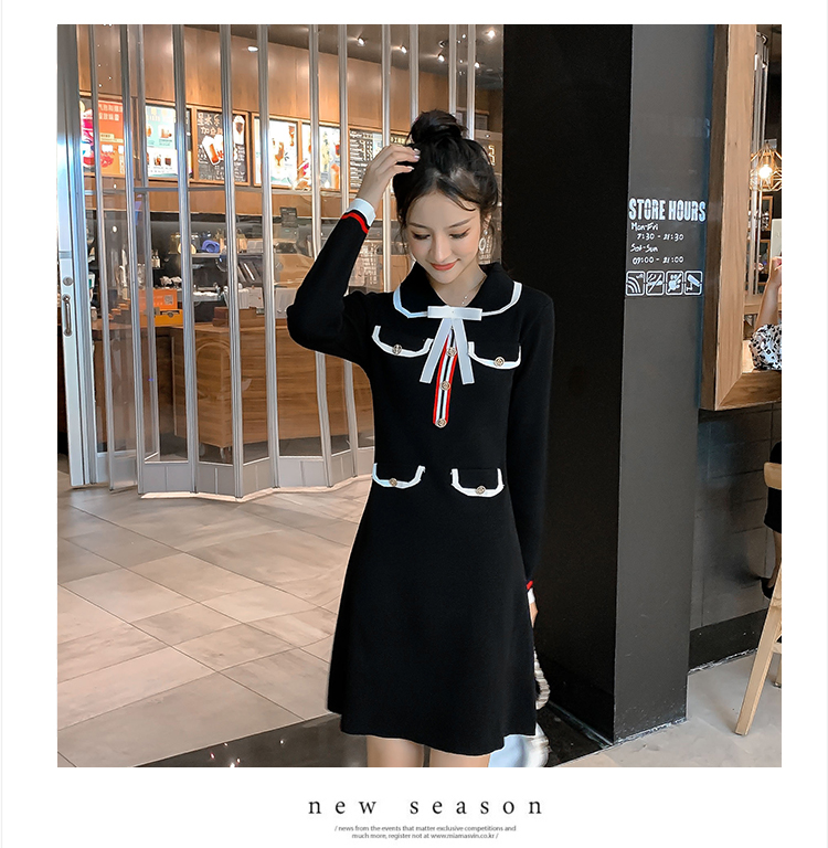 VK旗艦店 韓國風優雅針織時尚條紋拼接撞色長袖洋裝