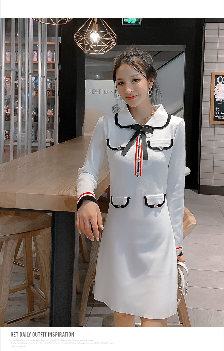 VK旗艦店 韓國風優雅針織時尚條紋拼接撞色長袖洋裝