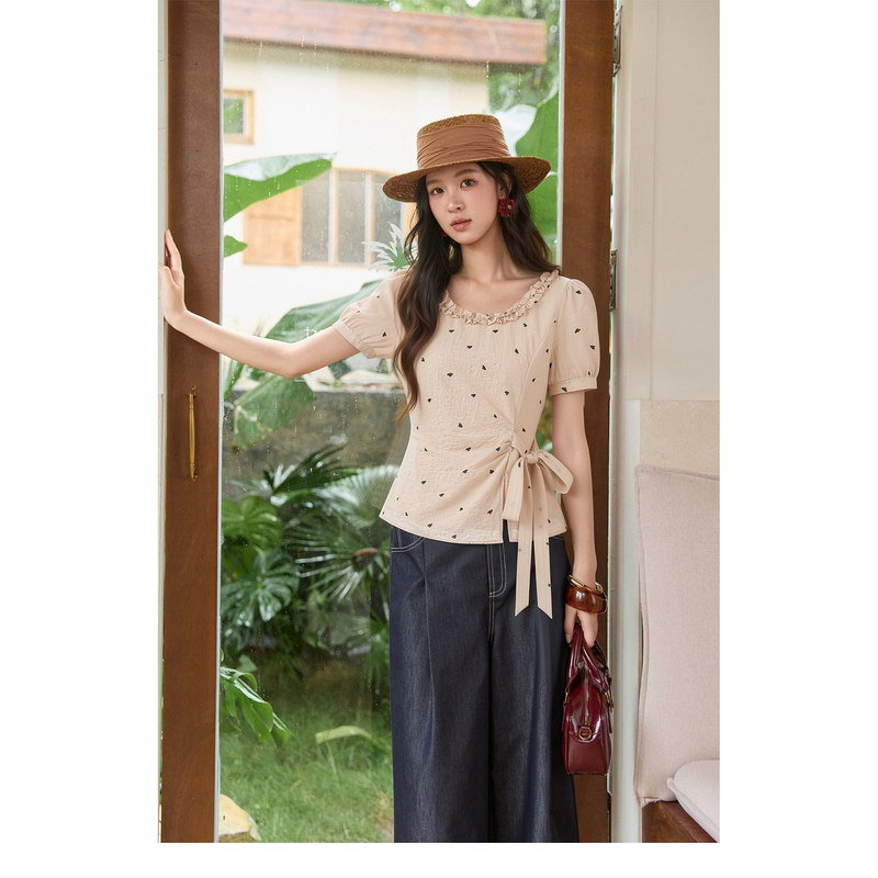 [Strawberry Exclusive] Mystery Show Heart Polka Dot Linen Shirt Korean Style Slimming Waist Versatile Shirt