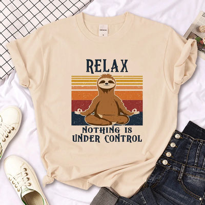 Sloth Cartoon Print Khaki Round Neck Short Sleeve T-Shirt