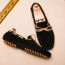 2021 spring new bean-bean shoes mens genuine leather frosted casual mens shoes Han version 100 hitch foot soft bottom sloth crowd shoes