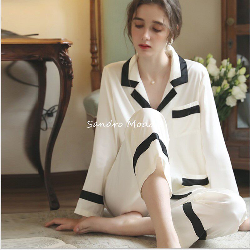 SANDRO MODDA French pajamas women's summer ice silk suit high-end luxury silk thin section stitching home clothes