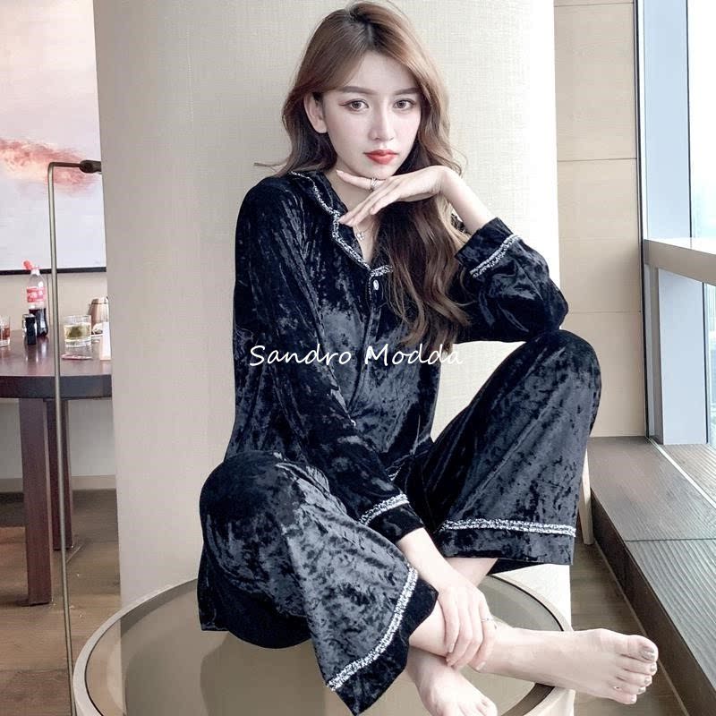 Sandro Modda French pajamas women's gold velvet sexy living wear autumn and winter cardigan lapel luxury home wear