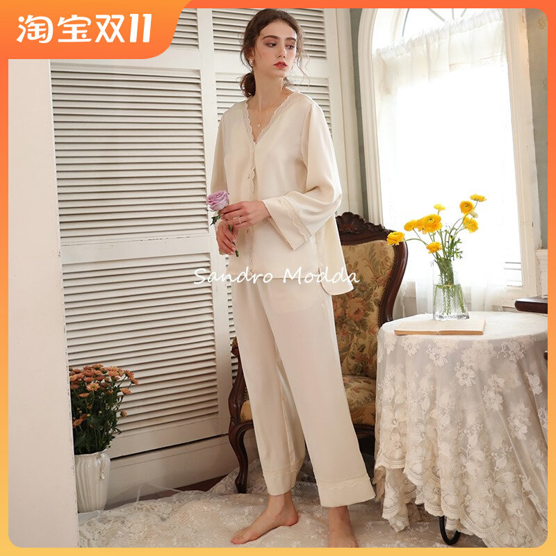 Sandro Modda French court style pajamas women's autumn silk V-neck casual home wear lace robe