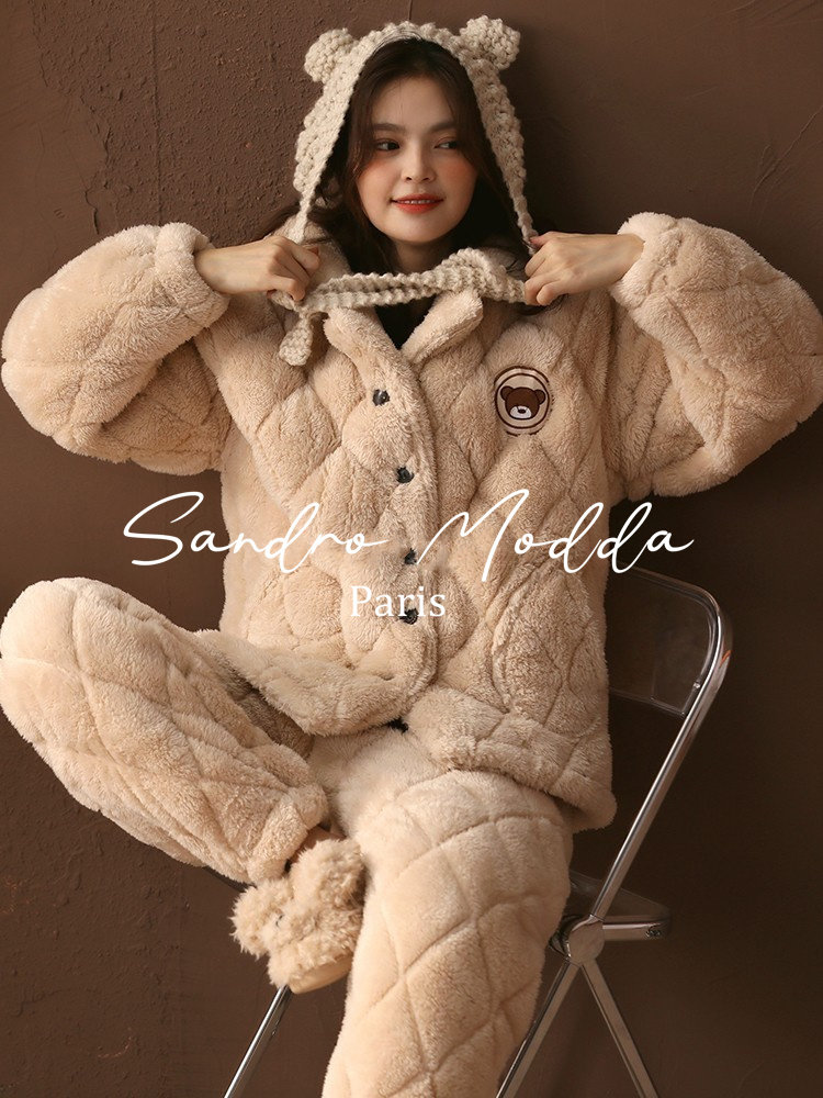 Sandro Modda French Pajamas Women's Winter 2022 Coral Fleece Hooded Thickening Warm Homewear Set