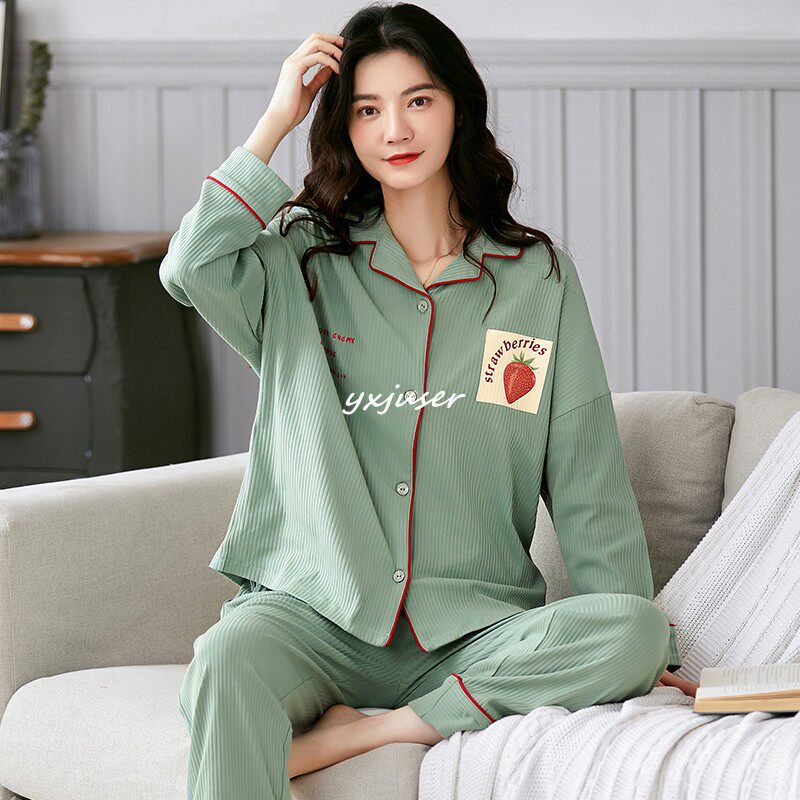 Home wear women's spring and autumn 2021 new French cardigan lapel home suit breathable knitted cotton printed pajamas