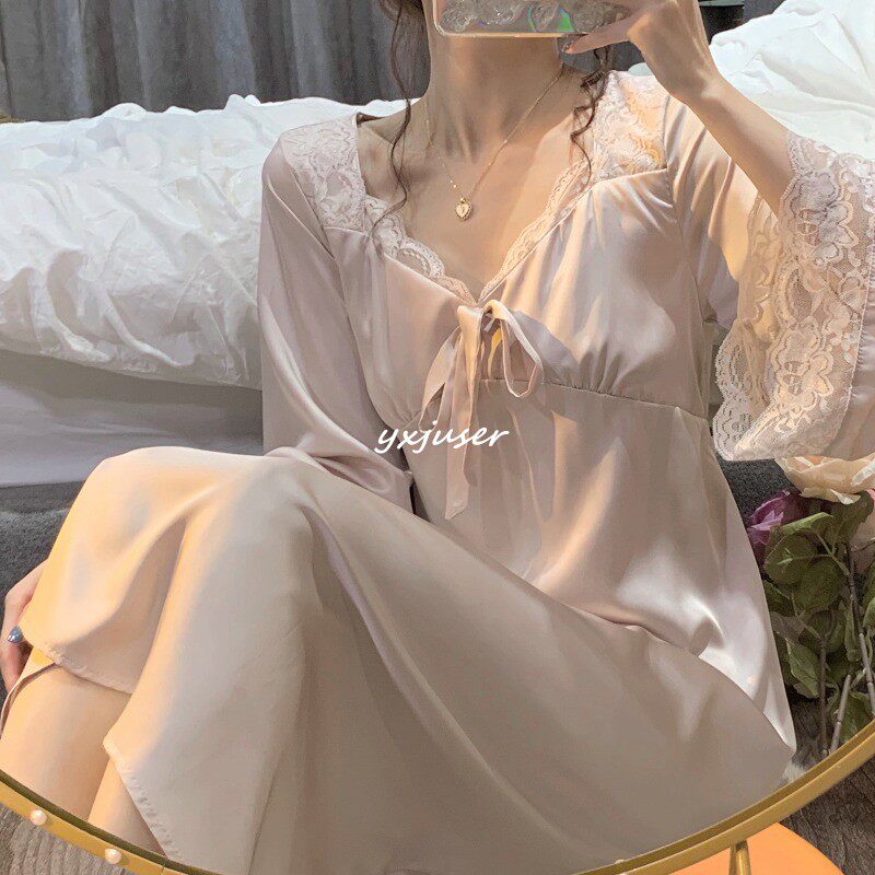 Sandro Modda French Pajamas Women's Fall 2021 V-Neck Lace Trim Nightdress Modal Silk Homewear