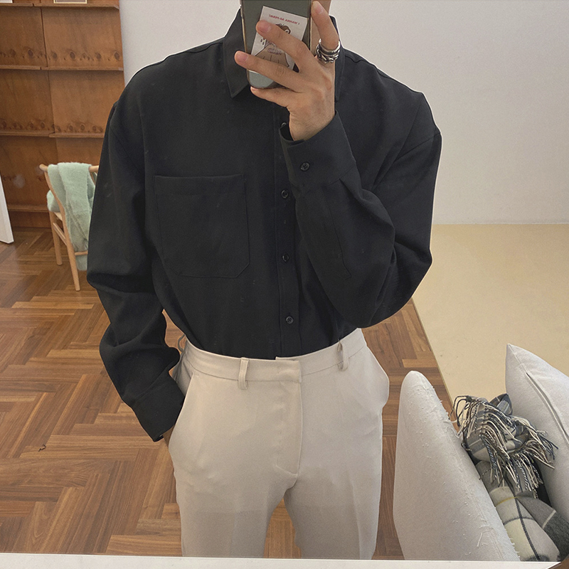 Bishe men's 2020 spring new solid color port wind stand-up collar trend long-sleeved Korean loose shirt men's shirt