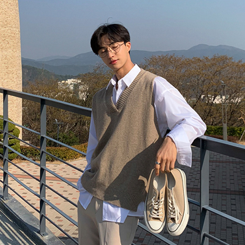 Bheher new headsets sweater for men's autumn and winter thickened loose with lazy wind Han version knitted vest damp male wool line waistcoat