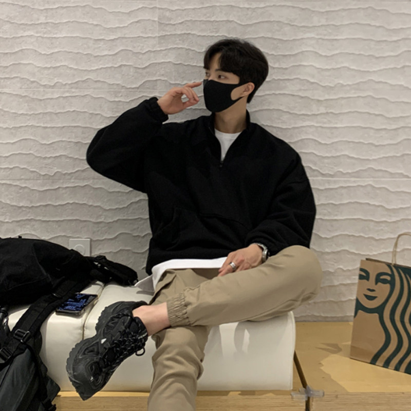 Spring autumn season new student men's men's thick T-shirt upright collar pull chain sleeve head pure color long sleeve Korean version trend handsome man