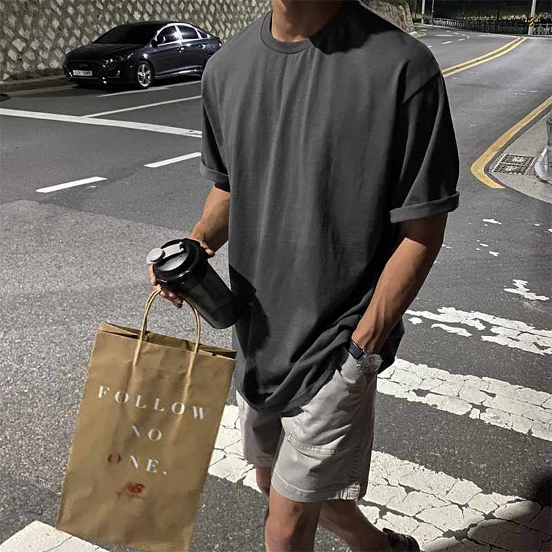 Bisher 2022 new washed cotton white short sleeve T-shirt round collar male trend half sleeve loose male T-shirt grey