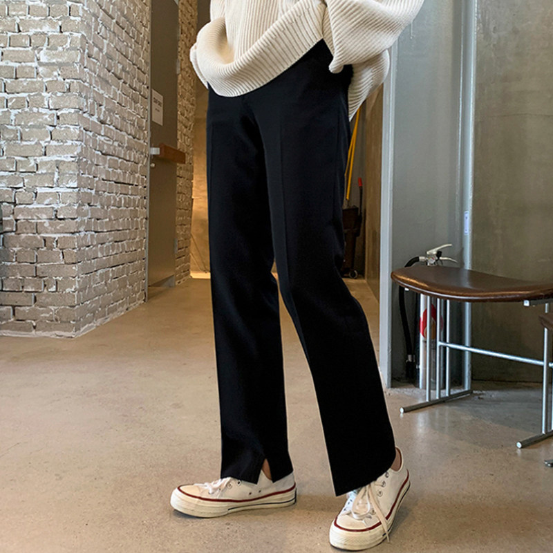 Men's casual solid color high-quality drape straight trousers all-match loose casual trend Korean style slit trousers