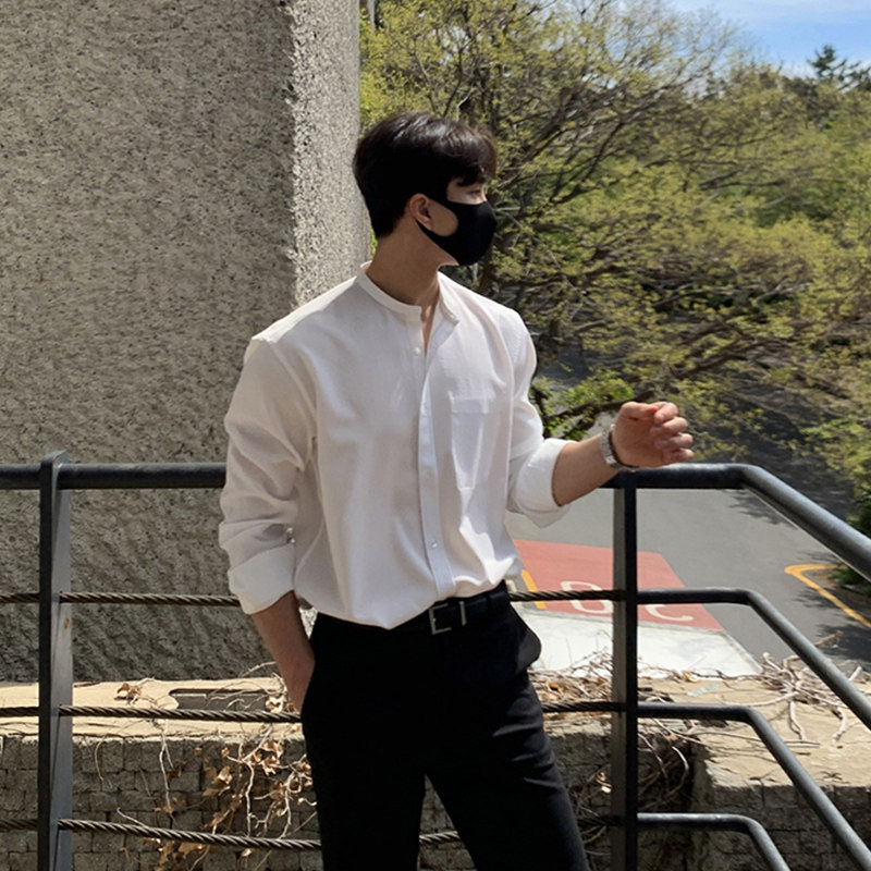 Pure Color Long Sleeve Shirt Men Youth Casual Korean Edition Trend Handsome INCH CLOTHING SLIM FIT SPRING AUTUMN NEW ROUND COLLAR SHIRT