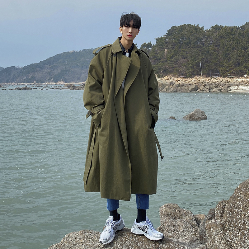 Special Hui Spring and Autumn New windwear men's personality trend in the long British wind army green handsome men's coat