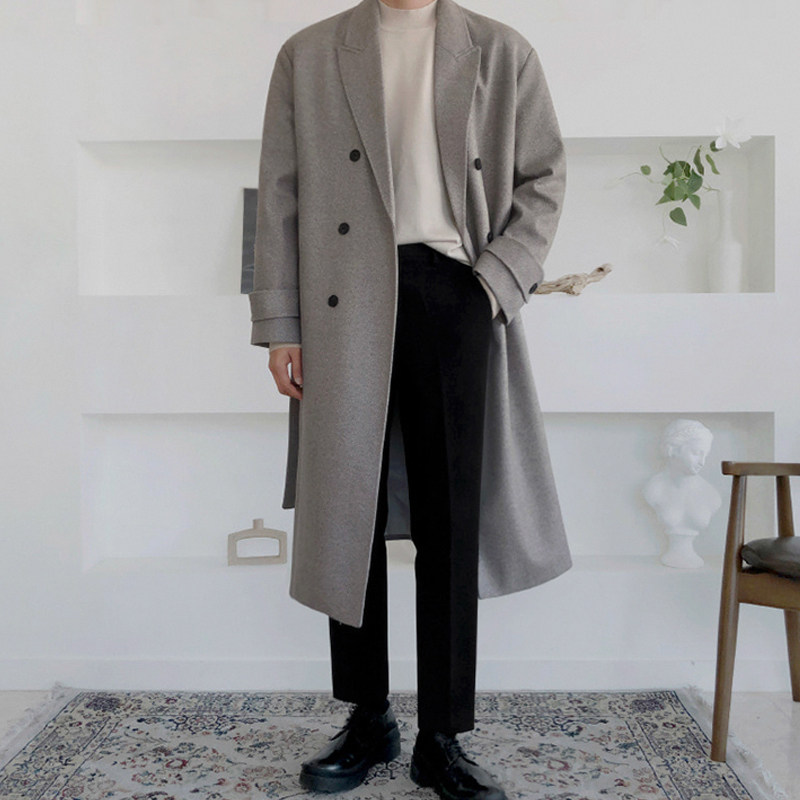 Winter new over-the-knee twill coat men's mid-length version double-breasted loose wool coat Korean version casual coat