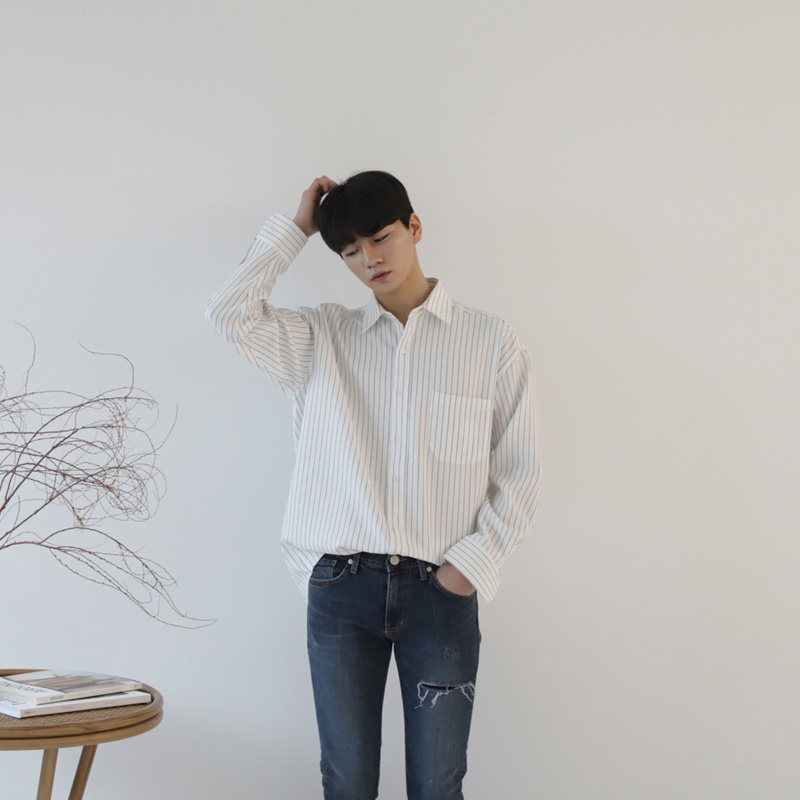 Bishe clothing trend white striped shirt off the shoulder loose Korean version of the thin strip of small shirt breathable and comfortable fabric business