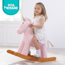  Haxi House Pink unicorn baby solid wood trojan horse Children rocking horse with music Bluetooth baby rocking chair toy