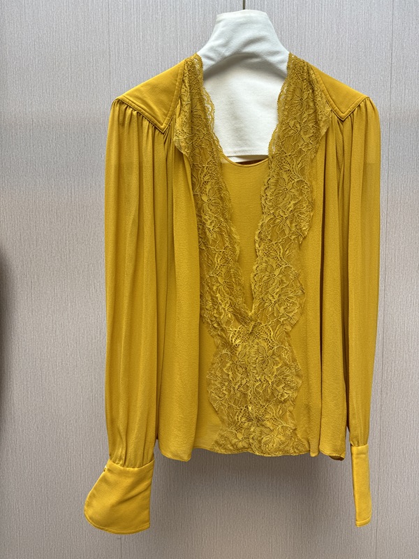 Newly Added Yellow and Black, Small Floral, French-Style Beauty Lace Faux Two-Piece Silk Shirt Newly Added Yellow and Black, Small Floral, French-Style Beauty Lace Faux Two-Piece Silk Shirt