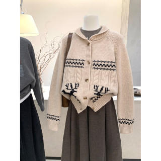 小哲 圣诞风复古小鹿提花插肩圆领毛衣女宽松单排扣开衫针织外套