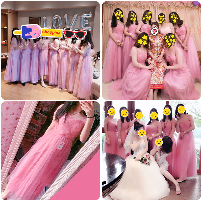 Bean bột cát phù dâu mặc dài dây đeo đeo chiếc váy chị đám cưới đám cưới váy Hàn Quốc phiên bản của một tay từ vai