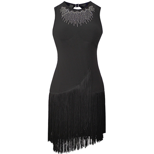 Women's latin dance dresses irregular Racerback tassel Latin dance elastic crystal hemp fabric black hot drill sleeveless dress show dress