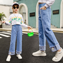 Girls denim wide legs long pants 2021 New 6 foreign style 7 spring and autumn 8 loose 9 little girl ten years old tide fashion
