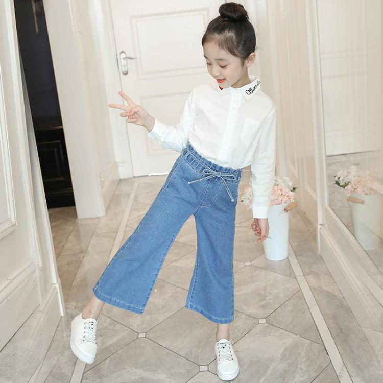Quần denim ống rộng cho bé xuân hè 2018 mới 9 phiên bản Hàn Quốc 8 áo 5 bé gái 6 quần dài nước ngoài mười tuổi thủy triều quần jean ống rộng cho bé gái