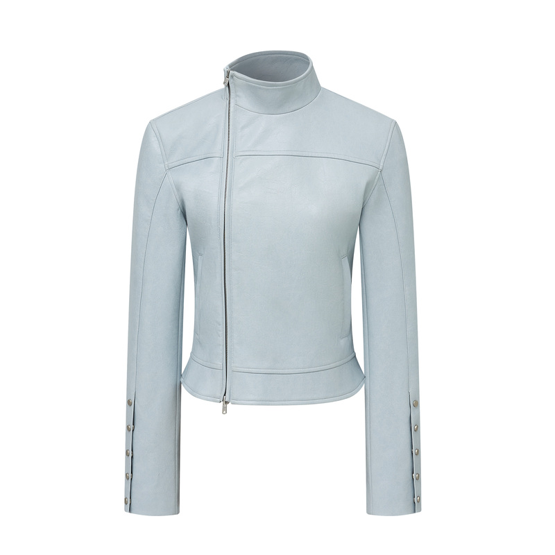Antiatag Cream Blue Short Leather Jacket with Regular Shoulders, Slightly Cinched Waist, and Double Zipper Design on the Front and Back