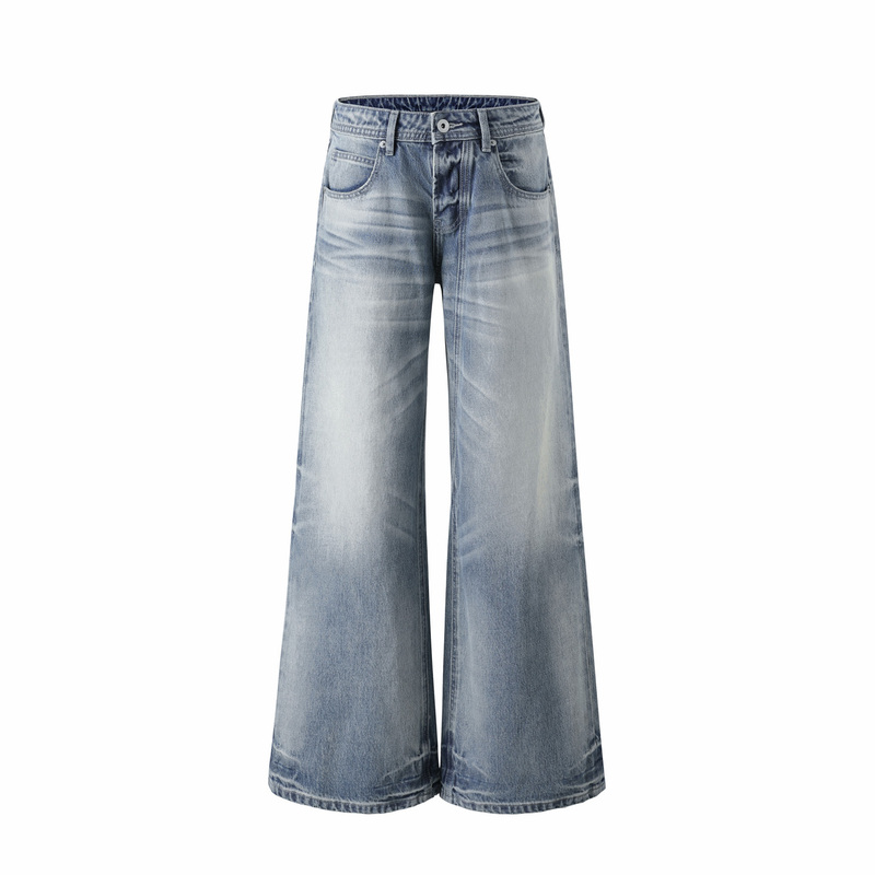 Antiatag “Under the Water Mist” Classic Whiskered Distressed Washed Mid-Low Waist Loose Flared Denim Pants