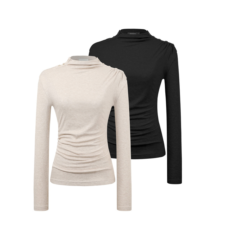 Antiatag "Sculpted Girl" Tencel Wool Design Pleated Slim-Fit Knit Long-Sleeve Top Antiatag "Sculpted Girl" Tencel Wool Design Pleated Slim-Fit Knit Long-Sleeve Top