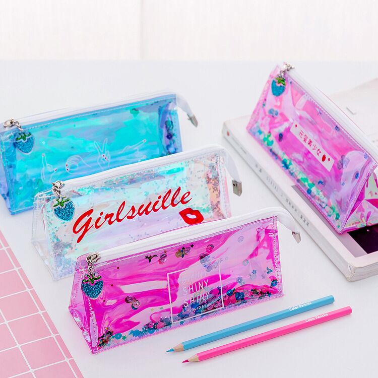 South Korea cute minimalist transparent pen bag beginner high school high school girl heart flow sand creative laser male and female pencil case