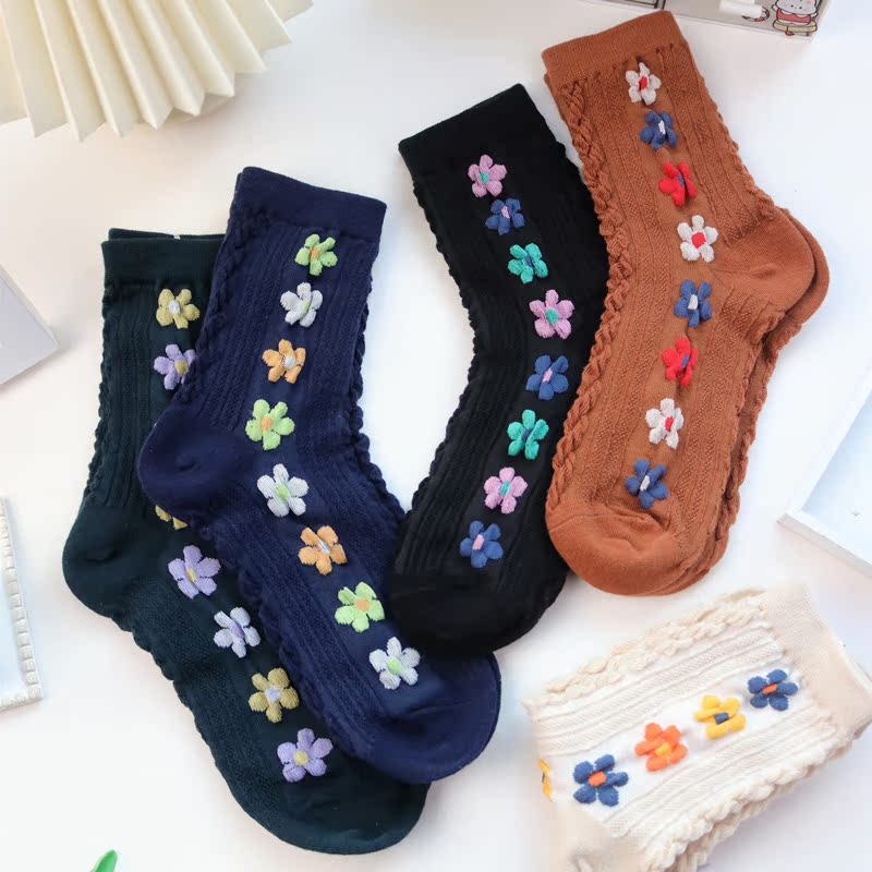 South Korea Dongdaemun Flower Socks Children Spring Autumn Summer Thin middle cylinder Sox Chiulins Chains Tide Students Long Silo Pure Cotton Socks