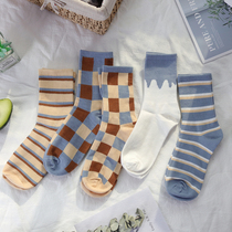 South Korean stockings childrens ins tide color plaid spring and autumn summer thin blue and white students cotton socks sports Wild