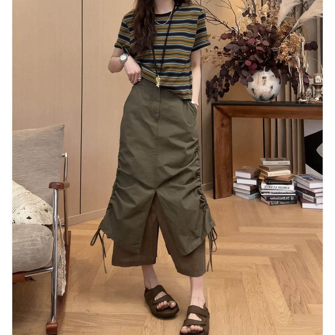 2026夏季新款时尚显瘦设计感半身裙洋气百搭抽绳开叉中长工装裙女