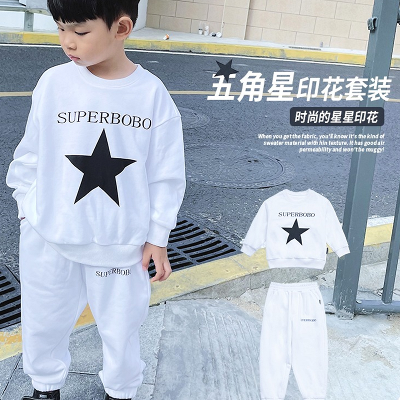 Bobo Pig Boy Clothing Boy New 2021 Springtime Casual Suit CUHK Boy Pentagram Print Tide two sets