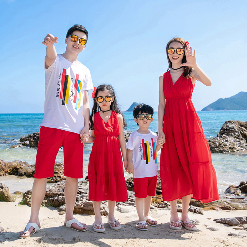 Pro-son-loaded beach seaside holiday Mother women dress superfairy Long dress Summer beach Tourism a three-mouthed dress