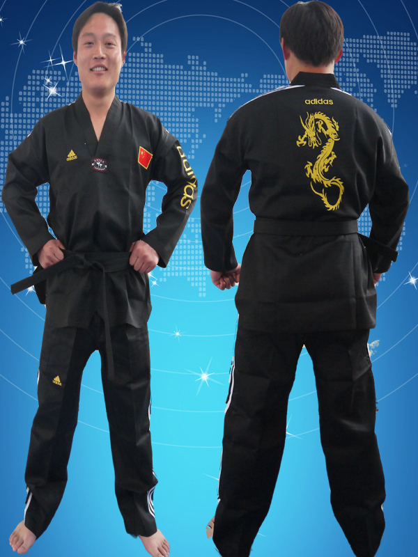 AD black taekwondo dress embroidered dragon stripe mesh honeycomb pattern adult children men and women with the same promotion hot sale