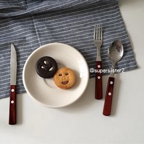 Retro handle personality Korean style ins Western tableware solid wood log Western style knife and fork spoon wooden West gift set