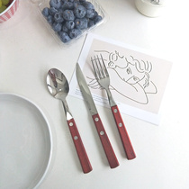 ins Korean style retro solid wood knives and forks Western steak cutlery cutlery stainless steel mesh Red simple style